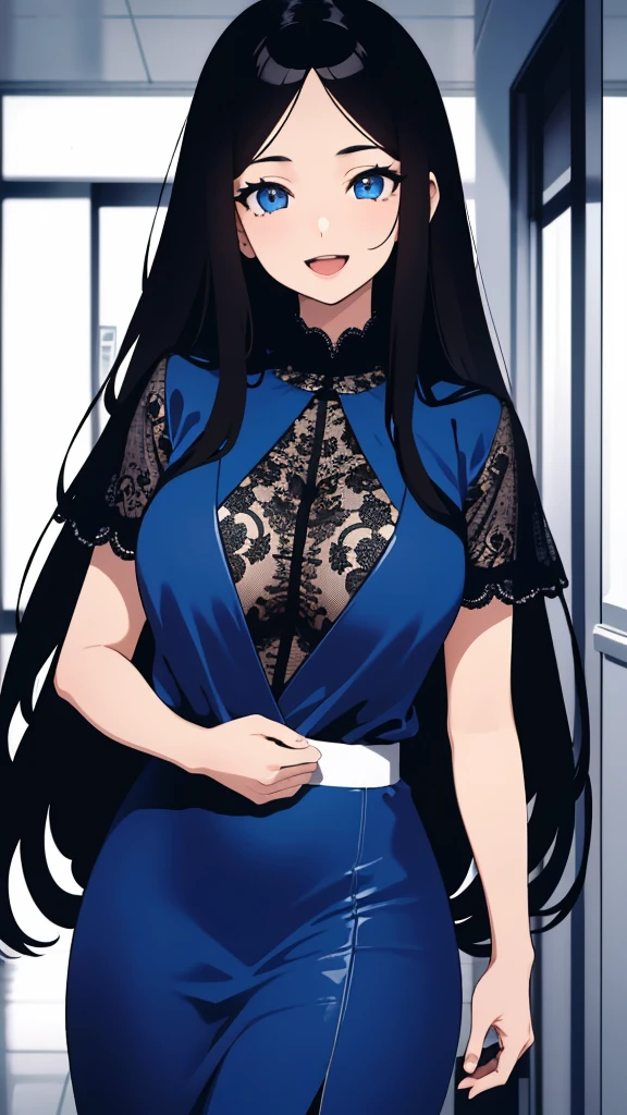 (masterpiece), (best quality), (ultra-detailed), ((girl, 29 years old)), an extremely delicate and beautiful, detailed eyes, minute details, (black hair, long hair, straight hair, hair between eyes), ((big breasts)), smile, open mouth, ((beautiful eyes)), (blue eyes), (upper body), she is wearing a blue dress, (detailed clothes), (detailed background, in a hospital, hospital hallway), (monochrome)