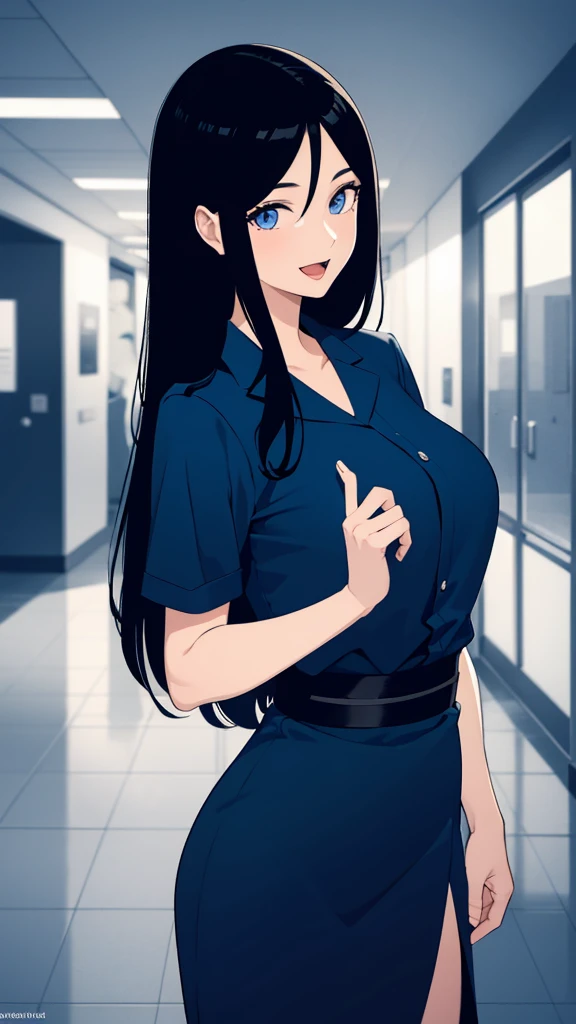 (masterpiece), (best quality), (ultra-detailed), ((girl, 29 years old)), an extremely delicate and beautiful, detailed eyes, minute details, (black hair, long hair, straight hair, hair between eyes), ((big breasts)), smile, open mouth, ((beautiful eyes)), (blue eyes), (upper body), she is wearing a blue dress, (detailed clothes), (detailed background, in a hospital, hospital hallway), (monochrome)