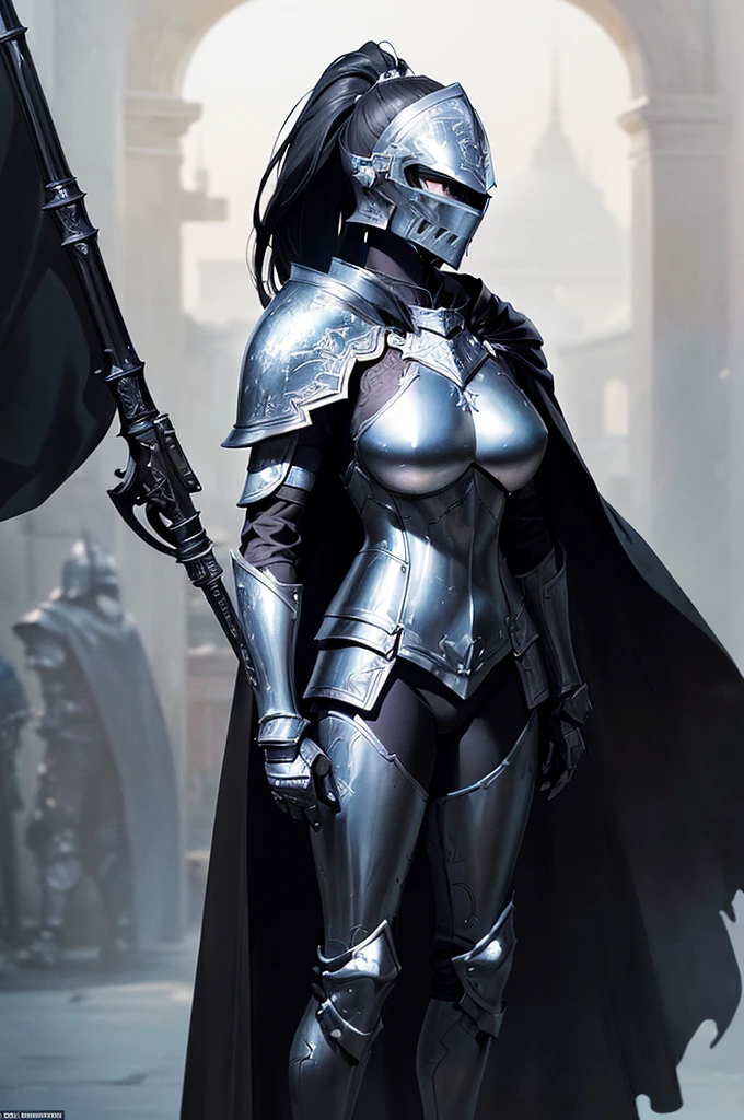 (masterpiece; best quality: 1.2), ((full armored knight woman)), ((solo)), (black eyes: 1.4), (body; toned, lithe, femenine: 1.3), (beautiful and clear background: 1.2), ((depth of field)), (equipment: full plate all-dark black-damascus realistic armor + closed helmet with ponytail + black cape: 1.3), (anime illustration: 1.2), (background composition; garden exterior + furniture: 1.1), (extremely fine and beautiful: 1.1), (shot composition; standing + centered on torso + close-up: 1.5)