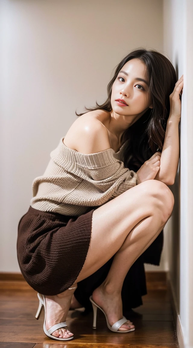 Dark brown hair、Light brown eyes、Japanese actress、 Lady、I am about 40 years old..、(Intricate details:1.2)、(Which one is on top??:1.4)、 (Ultra-high resolution:1.2)、Ultra-high resolution、(Finely tuned)、(Detailed facial features)、Hmph、8K resolution、D cup size breasts、Long Hair、Bright bathroom with sunlight shining in、Large windows、Extravagant space、relax、、,Full body photo、Head to toe shot、Beautiful legs、red Off-the-shoulder knit、Beautiful legs、A refreshing room filled with sunlight、she, household items, (plant:0.8), Fashion Hub, Extreme Detail, Very detailed, Realistic, Hourglass-shaped body, Obscene pose,、、私 cry a lot、tears、person on the left、White wall、White floor、diagonally from below、Lift your chin、Put your butt against the wall、relaxした表情、Pose of Weakness、