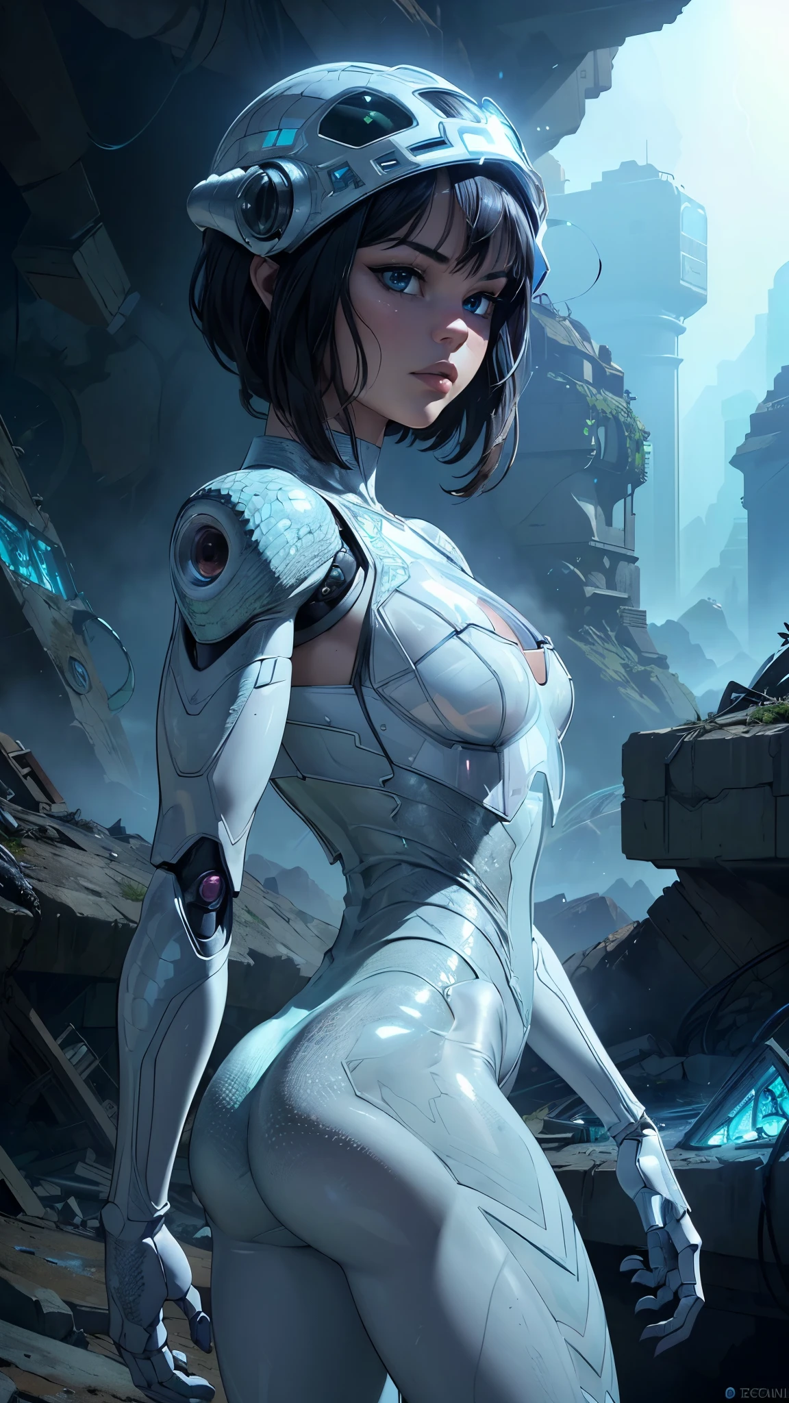 (La Best Quality,A high resolution,Ultra - detailed,actual),Selena Gomez there is a white robot with a lizard on his back,(transparent reptilian helmet :1.4) ,(Ruined dungeon ruins background:1.4 ), (sci-fi lizard alien:1.4) , Beeple and jean giraud, amazing octane render, Beeple. hyperrealism, (reptilian cyborg mecánica transparente plastic white :1.4) , by Adam Marczyński, surreal hybrid animals, Beeple and mike winkelmann, (robot animal plastic white transparente :1.4) , in the art style of Filip Hodas, More detailed 8K.unreal engine:1.4,UHD,La Best Quality:1.4, photorealistic:1.4, skin texture:1.4, Masterpiece:1.8,first work, Best Quality,object object], (detailed face features:1.3),(The correct proportions),(Beautiful blue eyes),  (cowboy pose),(Selena Gomez :1.4), (cinematic lighting :1.4), (perfect anatomy :1.4) 