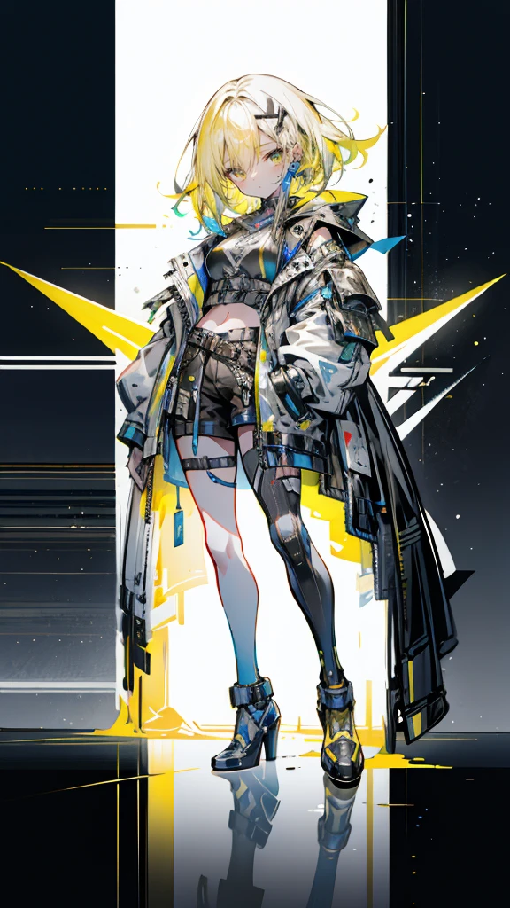 1 girl, short yellow hair, cyberpunk, Alice in Wonderland, black high heels, hand in pocket, best quality, 4k, 8k, highres, masterpiece:1.2, ultra-detailed, realistic, photorealistic, photo-realistic:1.37, HDR, UHD, studio lighting, ultra-fine painting, sharp focus, physically-based rendering, extreme detail description, professional, vivid colors, bokeh, concept art