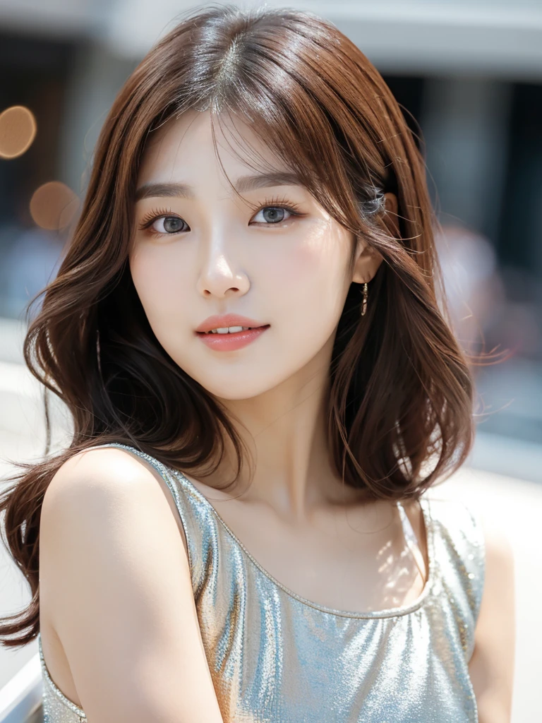Kwon Eun-bi is a young Korean woman in her 26s. She hair is chanel-cut in a coppery red  colors. 
She face is slightly shorter than it is long, which carry a warm , expressive face. Her skin is radiant and clear, presenting an impeccable state of health and her curved lips. 
Large, brown eyes are expressive and captivating. 
She height is medium, her natural body and defined made up of proportional curves. with the most charming and provocative. It matches their personalities. 
She wears a simple white dress, In the background, the night glows and from the balcony of an apartment she watches the moon. 
