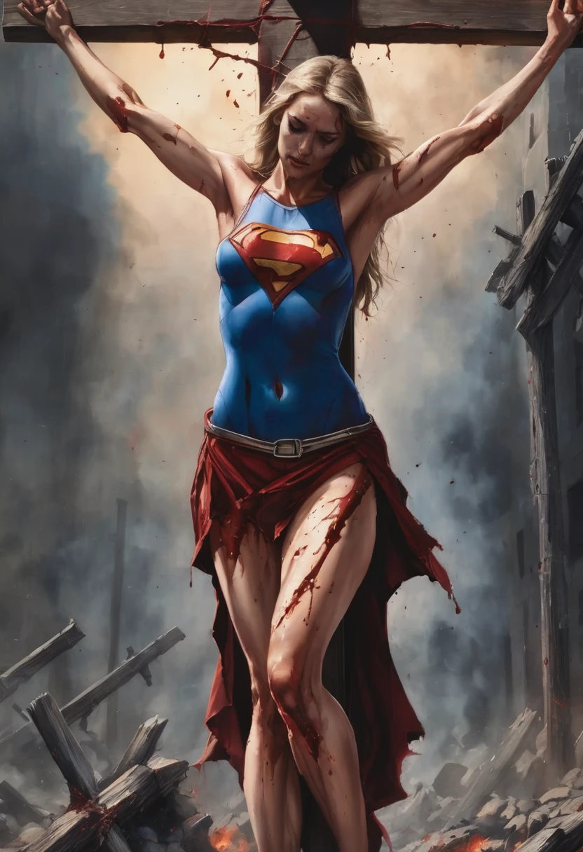highest quality, masterpiece, ((crucifixion:1.5)), (execution), supergirl bodysuit, horrified, bleeding, ((Woman in crucifixion at the cross：1.5)), crucifixion, blue suit, Superman logo on chest, red skirt，((Torn costume)), ((Tearing of clothes)), (tattered clot(many bruises on body)), scars on body, wounds on body, injured face and body, a devastated world, ruins, abandoned building, (burning at the stake), ((roasted over fire：1.2))