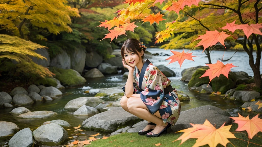 (Photorealistic:1.4), (Top image quality:1.0), (超High resolution:1.0), 8K, Raw photography, (masterpiece:0.2), (Purelos Face_v1:0.5)、(最高quality Detail:1.2)、Realisticな、8K UHD、High resolution、(One Girl:1.2)、超detailedな、High quality textures、Intricate details、detailed、非常にdetailedなCG、High quality shadows、Beautiful and perfect face、detailed 美しく繊細な目、Depth of written boundary、Ray Tracing,One Girl, Japanese girl, cute, kimono、Floral scrunchie, Beautiful Skin, I see your beautiful legs、squat、Put your hands together gracefully,The land of Japan smiling faintly,Japanese garden,Luxurious Japanese-style room, (Row of maple trees:1.2), ((Autumn leaves landscape:1.3)), Sky Porn, Magic Hour, (Realistic:1.3), 細かくdetailedに, quality, (Tabletop:1.2), (Realistic:1.2), (最高quality), (Intricate details), dramatic, Ray Tracing, photograph, +roller