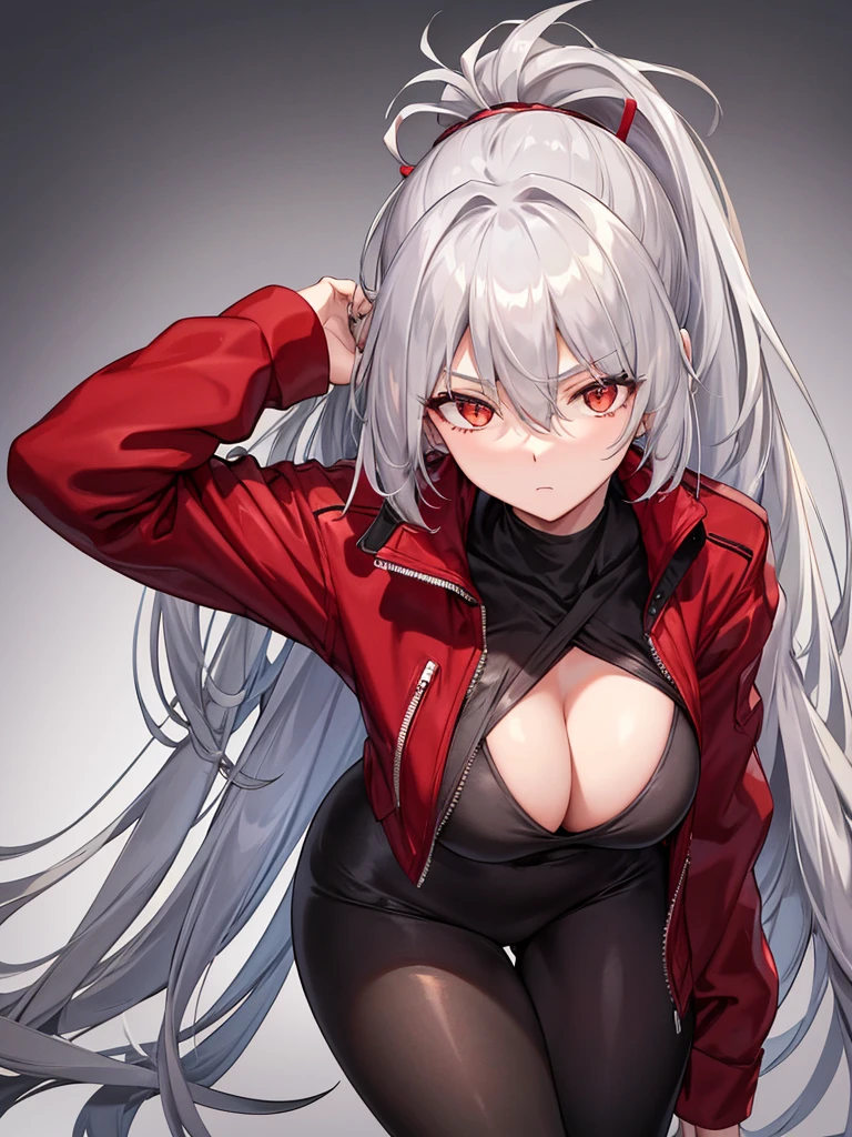 Tall, slim, She has long grey hair tied back in an enormous, messy ponytail that reaches down to her thighs, some of her hair is covering one of her eyes, she wears a red jacket, wearing a black full-body suit, golden eyes