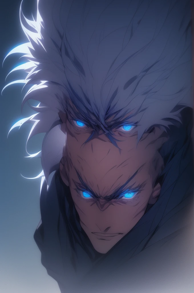 Satoru gojo, 1man, 1men, male character, white hair, glowing blue eyes, jujutsu Kaisen character, close up take, portrait take, full hd, 4k, intrincated, dinamic lights, professional digital draw. murderous rage, shadows over face

