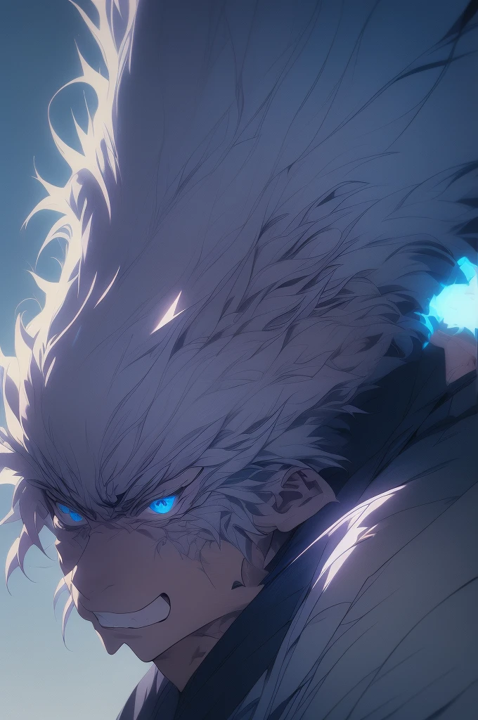 Satoru gojo, 1man, 1men, male character, white hair, glowing blue eyes, jujutsu Kaisen character, close up take, portrait take, full hd, 4k, intrincated, dinamic lights, professional digital draw. murderous rage, shadows over face