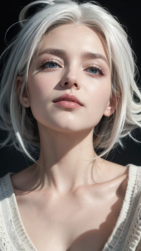 Beautiful lady with white hair, looking up and sideways, from the front