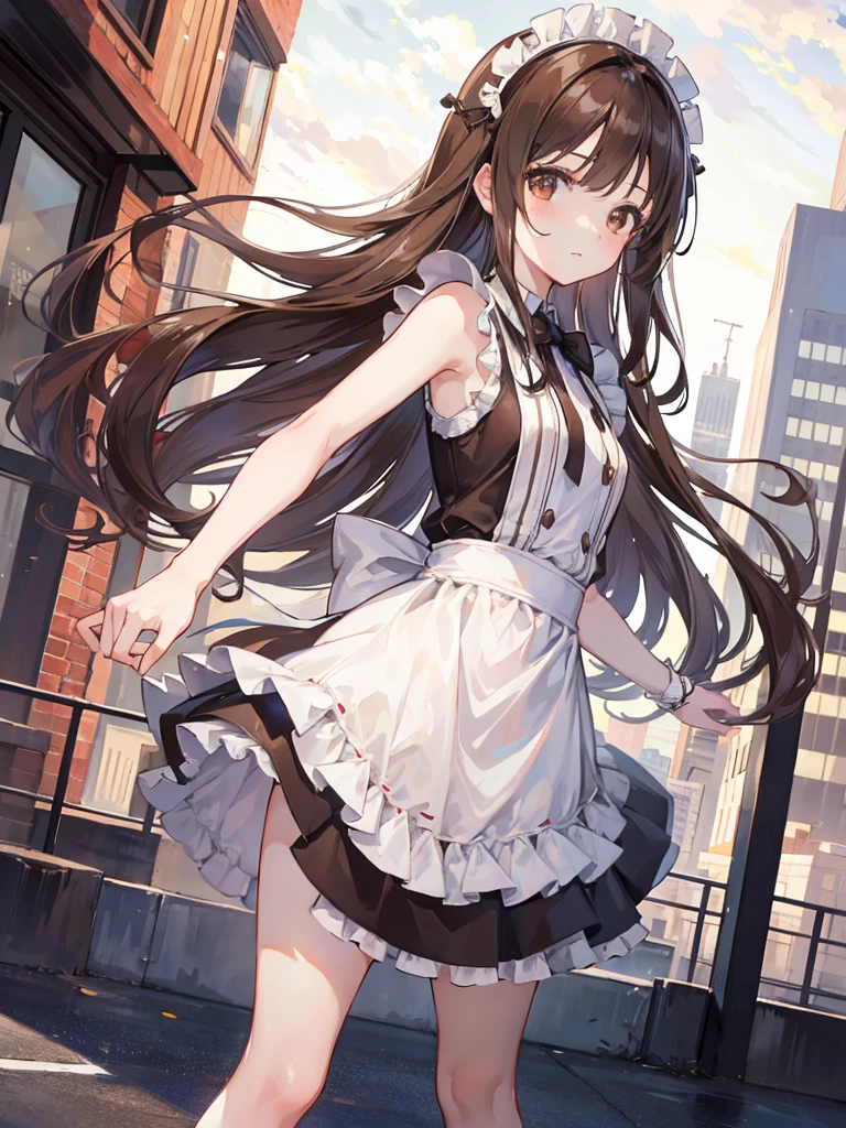 1girl, long brown hair, brown eyes, wearing sleeveless maid outfit, city, absurdres, high res, ultrasharp, 8K, masterpiece, looking at viewer