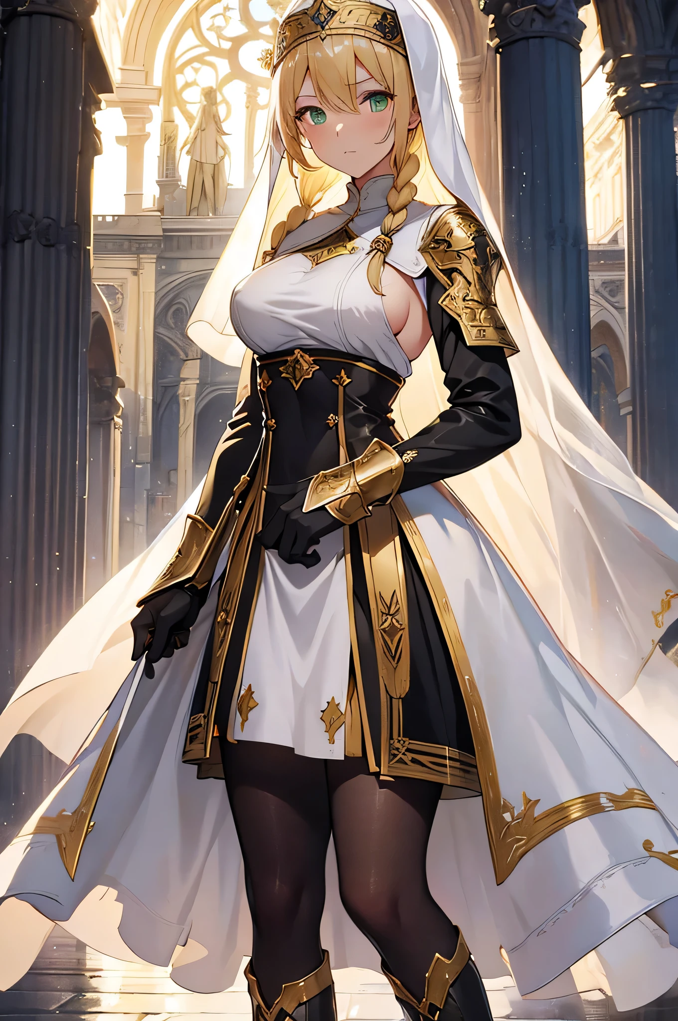 4K,High resolution,One Woman,Blonde,long hair,Braid,Green Eyes,Big Breasts,Nuns,White sacred armor,Sideboob,White boots,White Veil,Black tights,Jewelry decoration,Gold decoration,Long sword,Medieval town,In front of the church,Daytime Sky