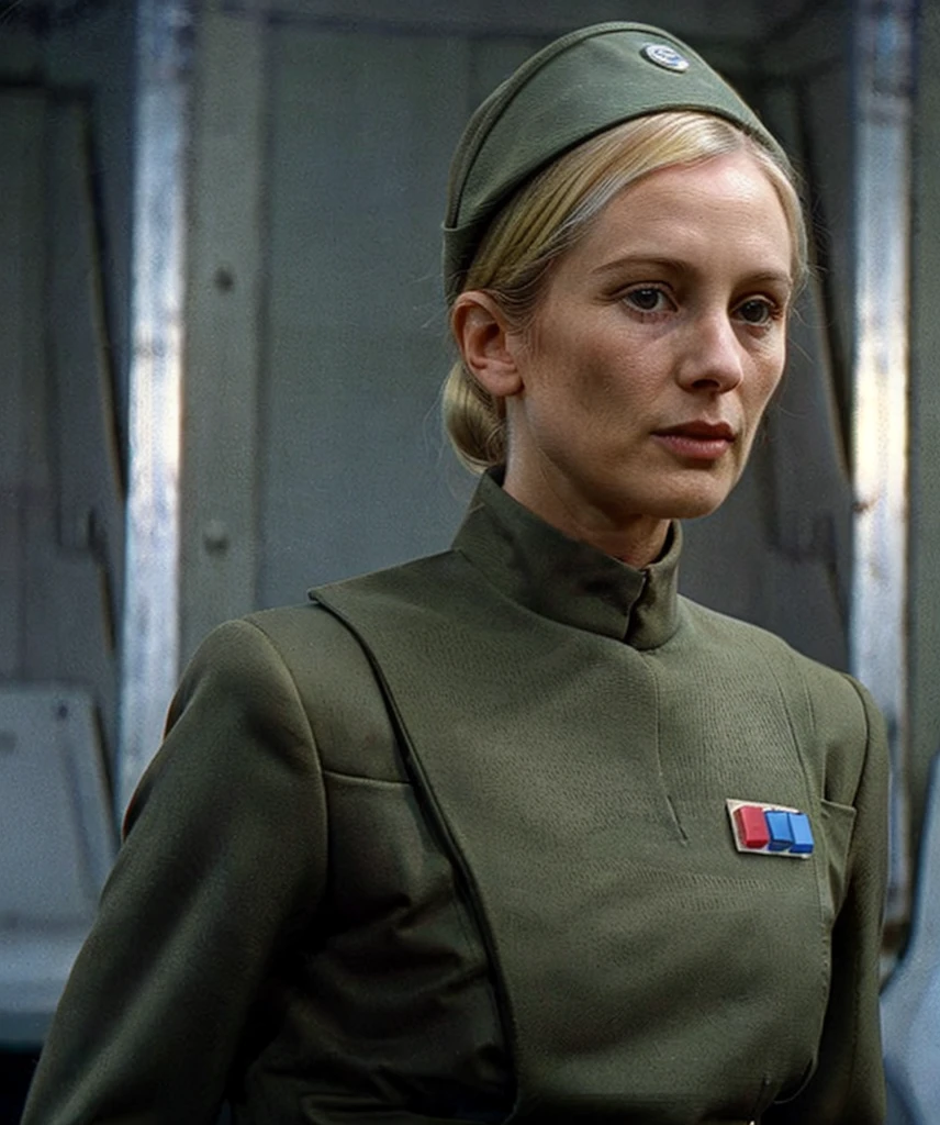 Pretty serious stern young Jane Goodall in olive green imperial officer uniform and hat, blonde short ponytail, bright blue eyes