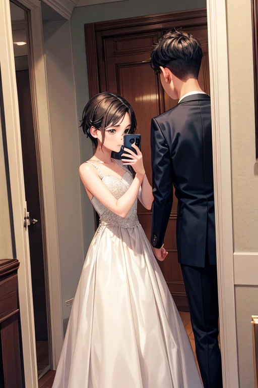 A teenage boy taking a photo while trying on an evening dress.