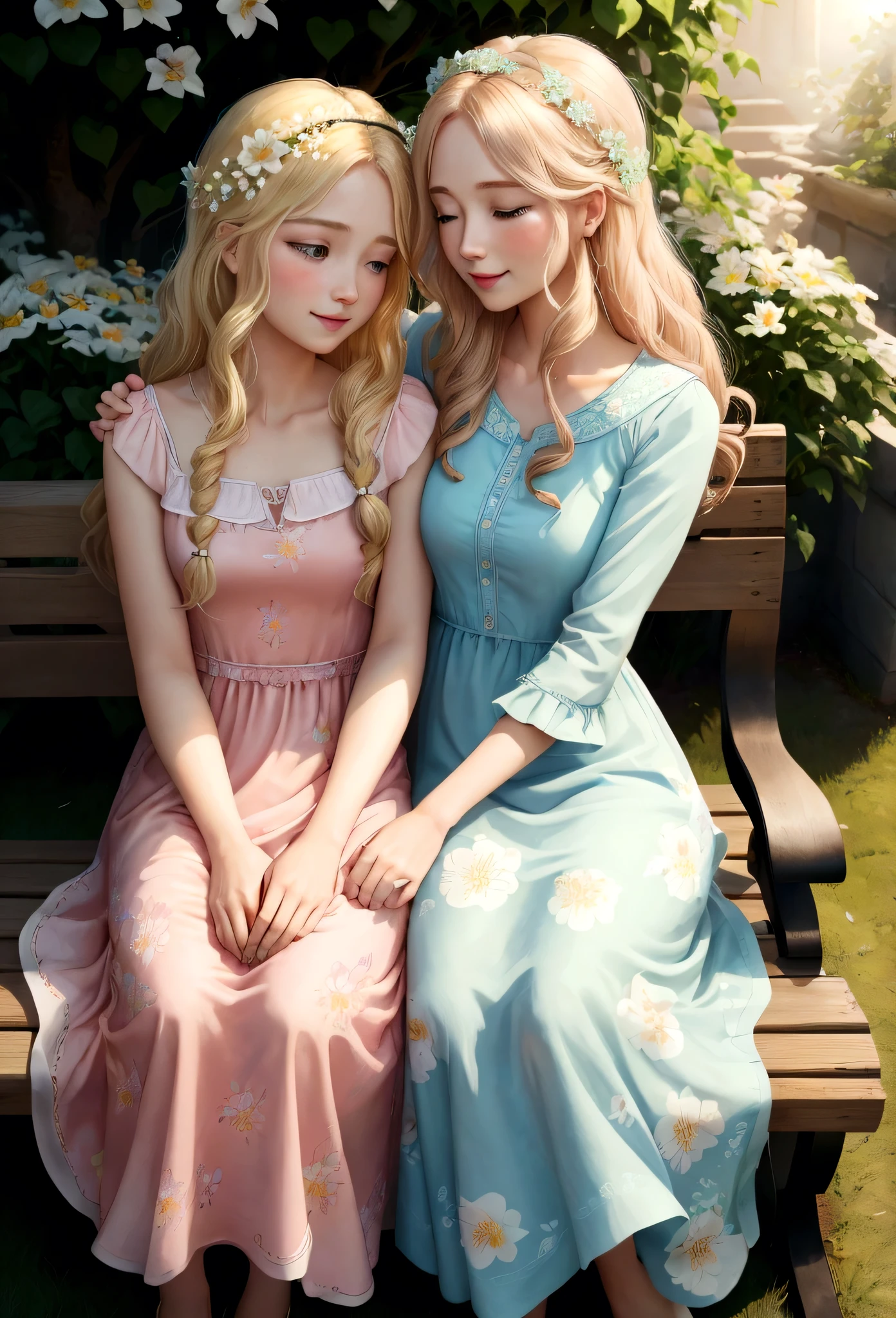 Lily's beautiful mother, Anna, joins her on the bench. Anna has long, wavy blond hair and wears a pink dress with a floral pattern. She has warm, green eyes that look lovingly at Lily, who has long blond hair, sparkling blue eyes, and wears a light blue dress adorned with small flowers. The bond between them is evident as they share a moment of quiet joy. The sun shines brightly, and the garden is in full bloom.