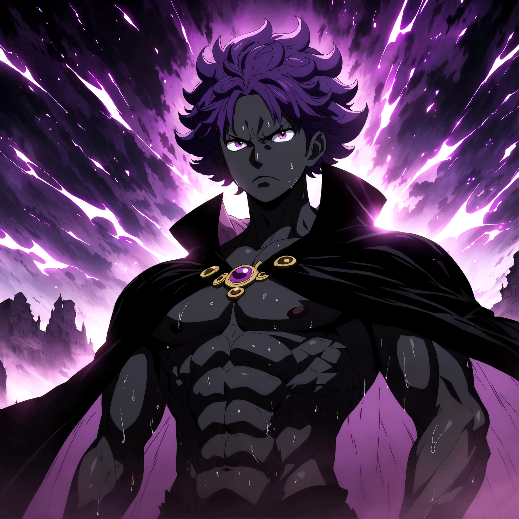 Male, black skin, muscular and defined body, purple curly hair, purple eyes, large black cloak, serious villainous expression, "One Piece-inspired anime features, drenched in dramatic and incredible lighting, dramatic lighting, infused with creative details, ultra-fine 2D design, scenery bathed in creativity, bathed in creativity, boasting HD anime resolution clarity, HD anime graphics, high-octane rendering"