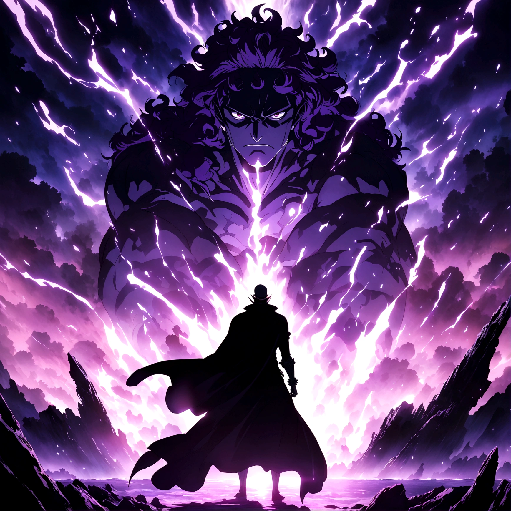 Male, black skin, muscular and defined body, purple curly hair, purple eyes, large black cloak, serious villainous expression, "One Piece-inspired anime features, drenched in dramatic and incredible lighting, dramatic lighting, infused with creative details, ultra-fine 2D design, scenery bathed in creativity, bathed in creativity, boasting HD anime resolution clarity, HD anime graphics, high-octane rendering"