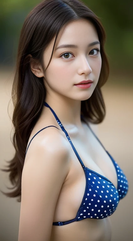 (((whole body:1.15)))、(((Navy bikini with small polka dots:1.35)))、(((32ｋ,High detail,High definition、masterpiece,Attention to detail,whole bodyエスビアン,,solo))),RAW Photos & Realistic atmosphere,Beautiful dark blue eyes,Mouth details,Glossy Lips,Fine eyebrows,With soft white skin that shines in every detail、Detailed eyes、Very beautiful eyes with blue pupils,Detailed lips、Very beautiful face,Very well-formed face、A vivid face,Beautiful, shining lips,Beautiful Eyebrows,Infinite Reality,Japan High Best Design, Realistic likeいグラビアアイドル,Very cute beautiful girl samurai , likeくてセクシーなグラビアアイドル, likeいグラビアアイドル, Beautiful and cute in the Edo period１7 year old murderer,whole bodyが濡れている,Dripping,Blushing,very beautiful１7-year-old girl,The body is Dripping wet,See-through clothing,shortcut,Brown shiny hair,Wet hair,Dripping水,Dripping,（barefoot,,Wet and see-through,Samurai Raidro,warrior,Beautiful gentle eyes,Looking into the camera：1.5）,（like々Shi,Sharp eyes,Serious beautiful look,Shapely breasts,,Immature body,Japan no Tsuji slash,Japanese Murderers of the Edo Period,Discontinuation of the Edo period：1.6）