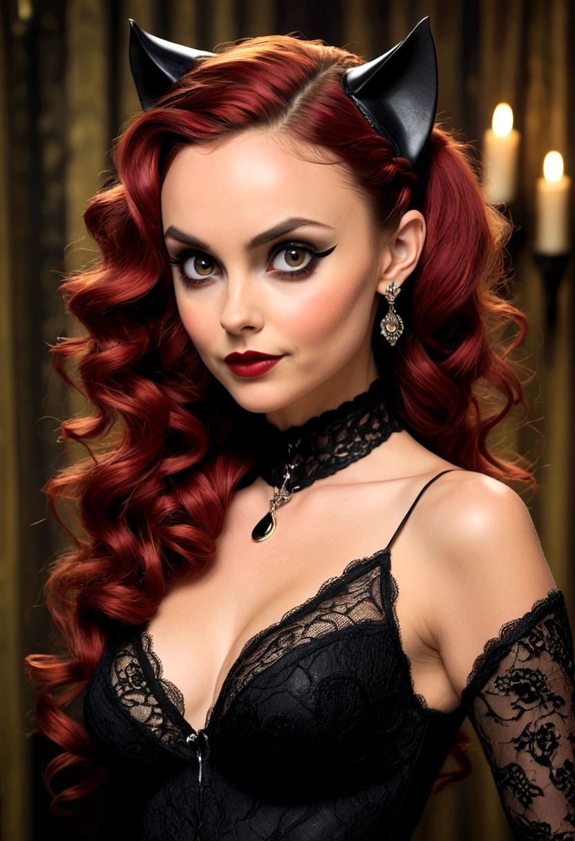 Full body shot Poppy Drayton catwoman, ringlets wavy five feet long red hair, updo hairstyle with ponytail on one side and long hairpins holding the bun long braid, strong thighs, dark red glossy lips, heavy black eye shadow long black eyeliner, long sharp claws, black lace beautiful and creative catwoman bodysuit with no jewels, huge cleavage, clear ears no earrings, no earrings, no earrings, no earrings, no jewels, beautiful forehead lace ornament, posing in a feminine catwoman den, happy expression, dark ambience night time candle lights. No faces on her chest!