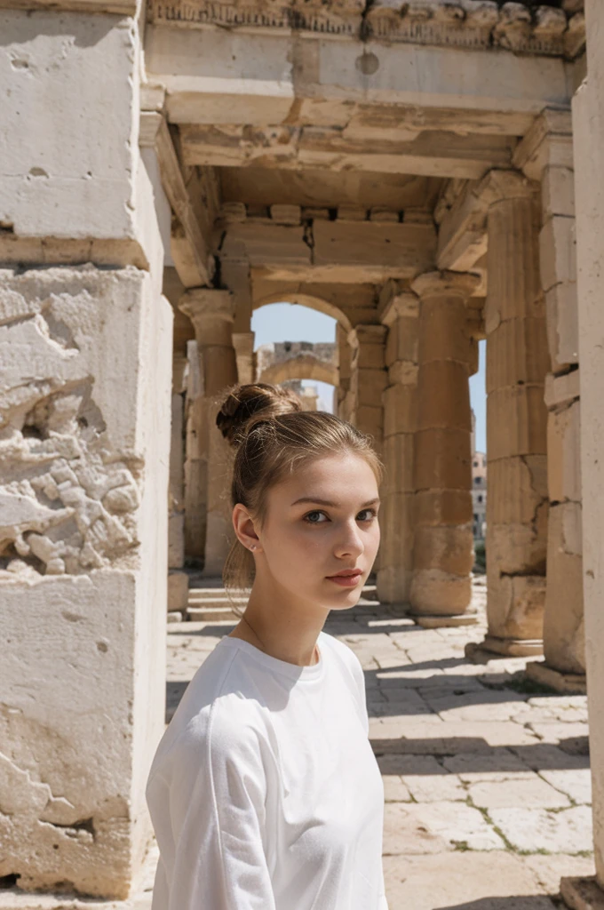 her name is An, high quality, 1girl, ((20-year-old fit Caucasian woman)), ((20 years old)), ((fit)), ((hair in a bun)), pose: standing, wearing unique gen Z modern wear, BACKGROUND: "From the ancient city of Athens, where historic ruins blend seamlessly with modern urban life and vibrant street art."