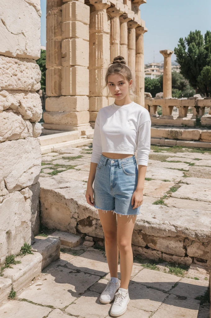 her name is An, high quality, 1girl, ((20-year-old fit Caucasian woman)), ((20 years old)), ((fit)), ((hair in a bun)), pose: standing, wearing unique gen Z modern wear, BACKGROUND: "From the ancient city of Athens, where historic ruins blend seamlessly with modern urban life and vibrant street art."