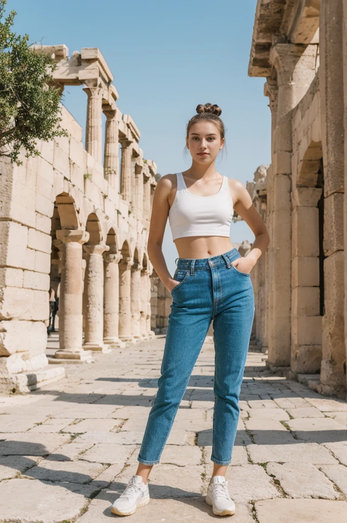 her name is An, high quality, 1girl, ((20-year-old fit Caucasian woman)), ((20 years old)), ((fit)), ((hair in a bun)), pose: standing, wearing unique gen Z modern wear, BACKGROUND: "From the ancient city of Athens, where historic ruins blend seamlessly with modern urban life and vibrant street art."