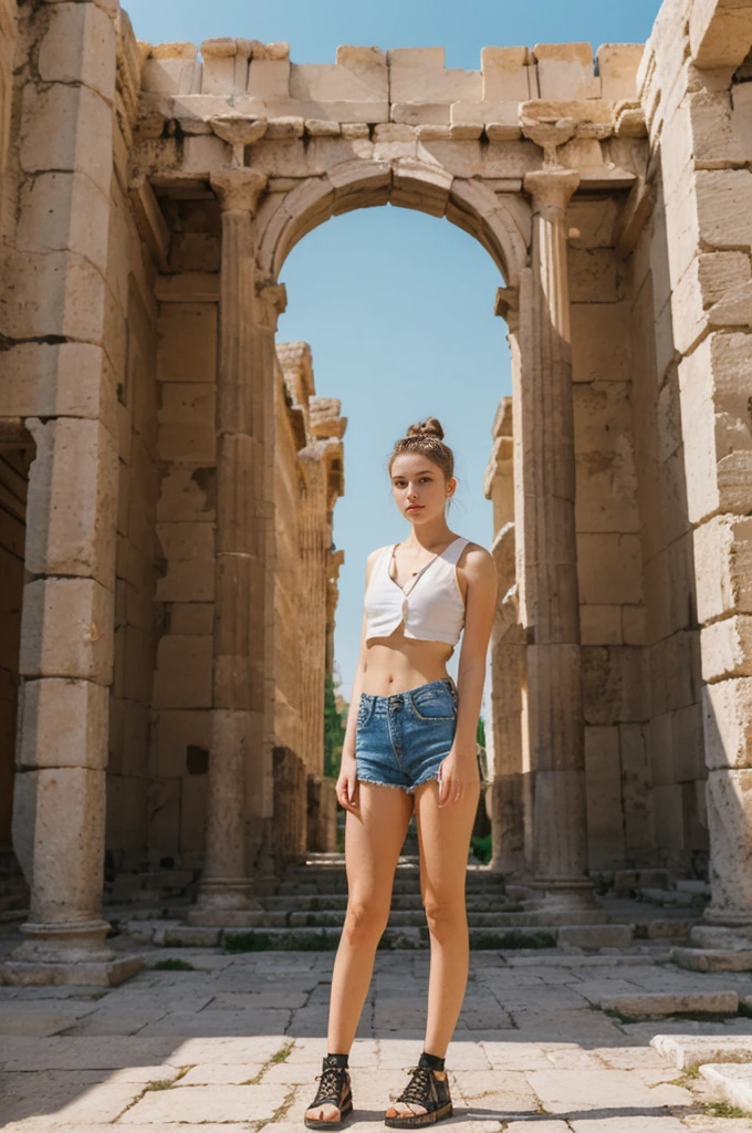 her name is An, high quality, 1girl, ((20-year-old fit Caucasian woman)), ((20 years old)), ((fit)), ((hair in a bun)), pose: standing, wearing unique gen Z modern wear, BACKGROUND: "From the ancient city of Athens, where historic ruins blend seamlessly with modern urban life and vibrant street art."