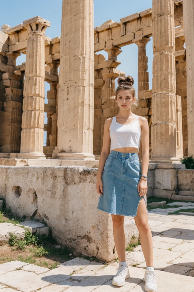 her name is An, high quality, 1girl, ((20-year-old fit Caucasian woman)), ((20 years old)), ((fit)), ((hair in a bun)), pose: standing, wearing unique gen Z modern wear, BACKGROUND: "From the ancient city of Athens, where historic ruins blend seamlessly with modern urban life and vibrant street art."