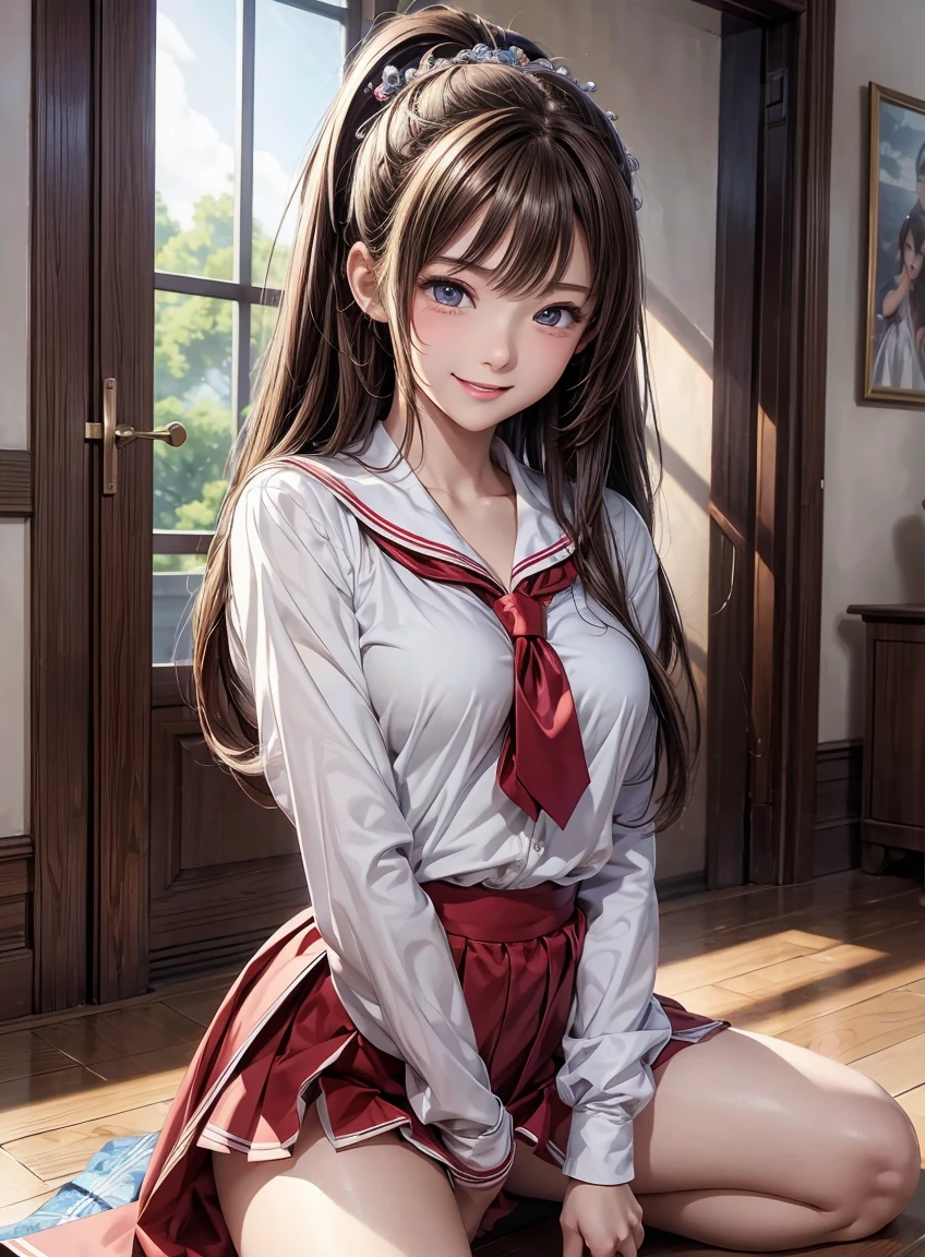 masterpiece、best quality、illustration、 Very detailed、Fine details、 high resolution、8K Dende Wallpaper、Perfect dynamic composition、17 years old beautiful girl、Clean high school、Detailed beautiful face、Detailed beautiful eyes、Textured Skin、Shy laugh、Small Breasts、Bold and sexy pose、Uniforms、