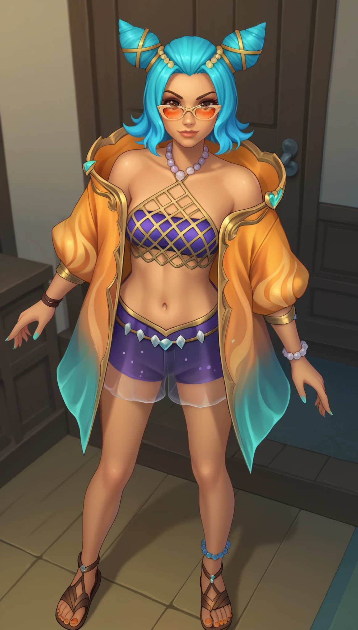 score_9, score_8_up, score_7_up, score_6_up, score_5_up, score_4_up, BREAK, ZeriOSXL, dark skin, colored skin, brown eyes, cyan hair, short hair, cone hair bun, hair ornament, forehead, orange sunglasses, medium breasts, bead necklace, bare shoulders, beads, orange jacket, gradient jacket, open jacket, purple midriff, gold fishnets, navel, purple shorts, transparent skirt, purple skirt, brown sandals, solo, standing, looking at viewer, indoors