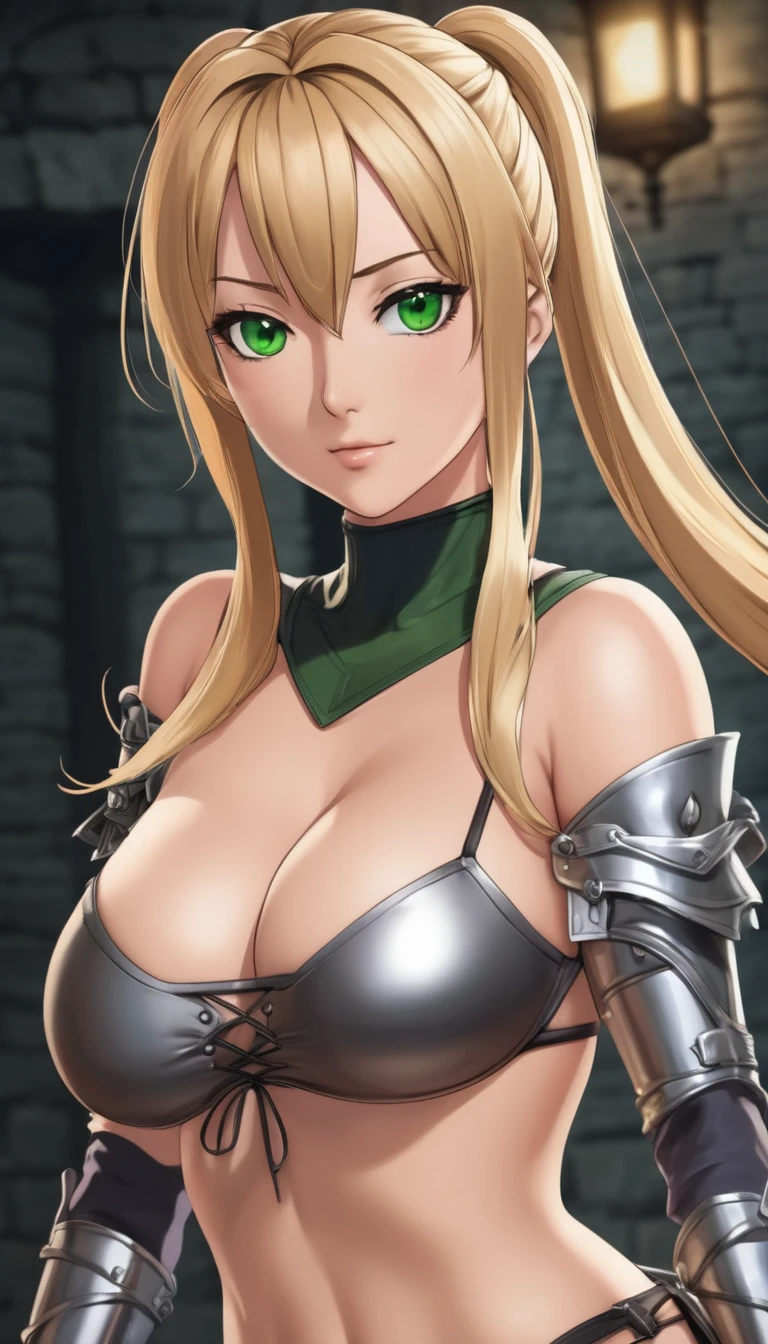 ((masterpiece)), ((high quality)), ((super detailed)), ((high resolution)) ,((8k)), a beautiful woman, ((She is one of the most famous female Thief)), unparalleled beauty, ((huge breast)), ((large ass)), ((deep cleavage)), slim waist, chest out, ultra detailed face, perfect skin, (((Blonde hair in a side ponytail))), Green eyes, detailed eyes, whole body image, (((anime))), ((glamorous)), 21 years old, ((incredibly beautiful woman)), ((The G cup bust)), ((((Light Armor, Light clothing)))), ((beautiful breasts)), beautiful legs, 8 life size, anime, the most beautiful, ((charm)), ((Grown-up face)), ((Perfect fingers)), ((Bewitching)), ((A young heroine)), ((((from below)))), ((Inside the dungeon, Adventurer)),