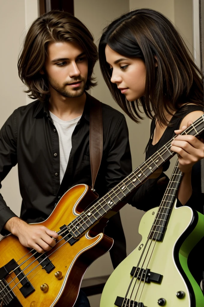 Pretty attractive short light brown hair guy playing on electric bass, while a girl with green eyes and straight black hair watches him
