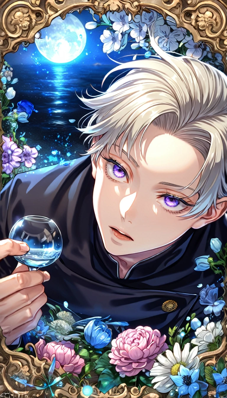 absurdres, highres, ultra detailed, HDR, master piece, Inumaki Toge, platinum-blond hair, expressive purple eyes, black shirt, Jujutsu Kaisen, sexy man, handsome, best quality, blue moon, flowers, fantasy, magical, solo, water, blue shining fireflies, blue petals, Jujutsu Kaisen uniform, glass