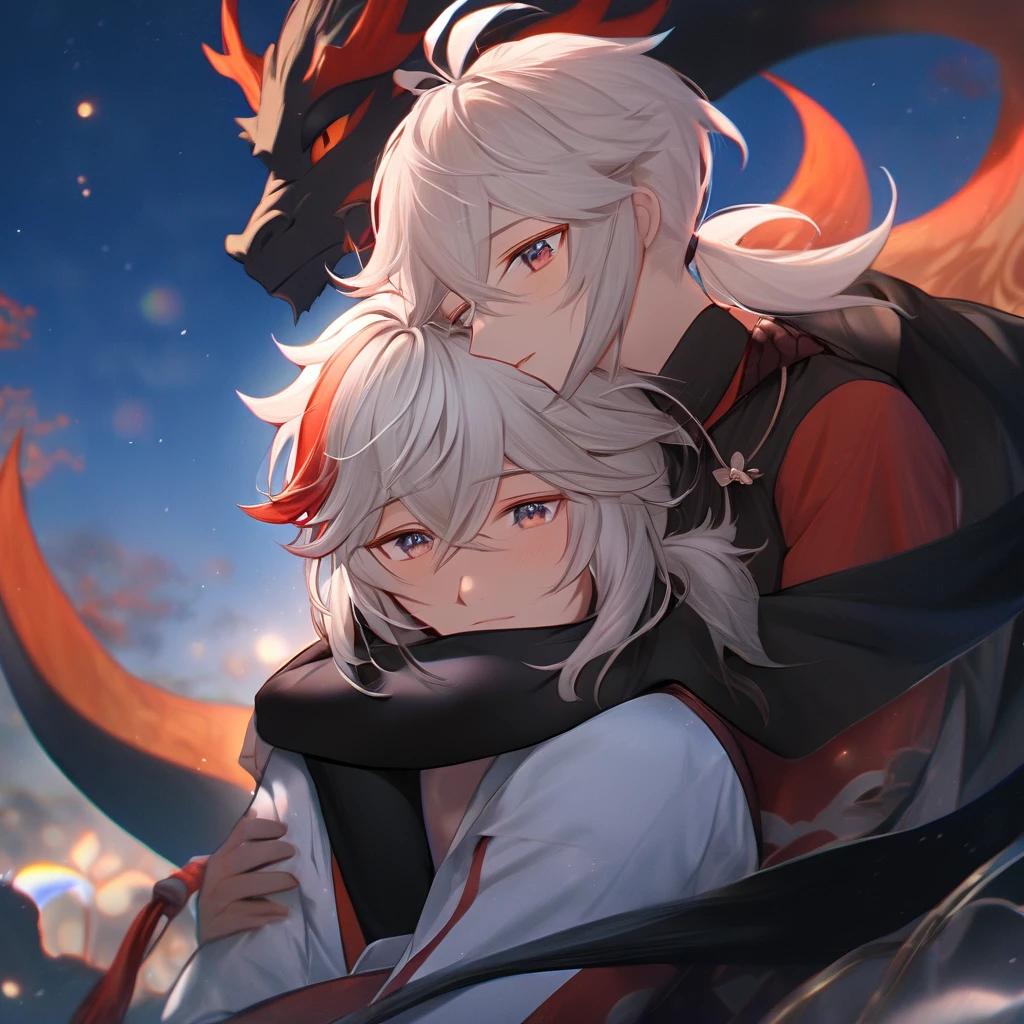 Kazuha (Genshin Impacto) Gay boyfriend Chinese Dragon Boy White Hair Sapphire Eyes, hugging, romantic, fluffly, ultra quality, 8K, 2 boys, beautiful.