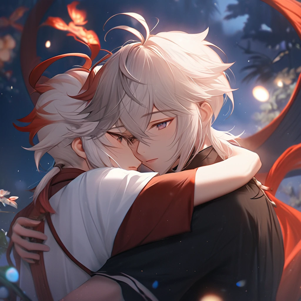 Kazuha (Genshin Impacto) Gay boyfriend Chinese Dragon Boy White Hair Sapphire Eyes, hugging, romantic, fluffly, ultra quality, 8K, 2 boys, beautiful.