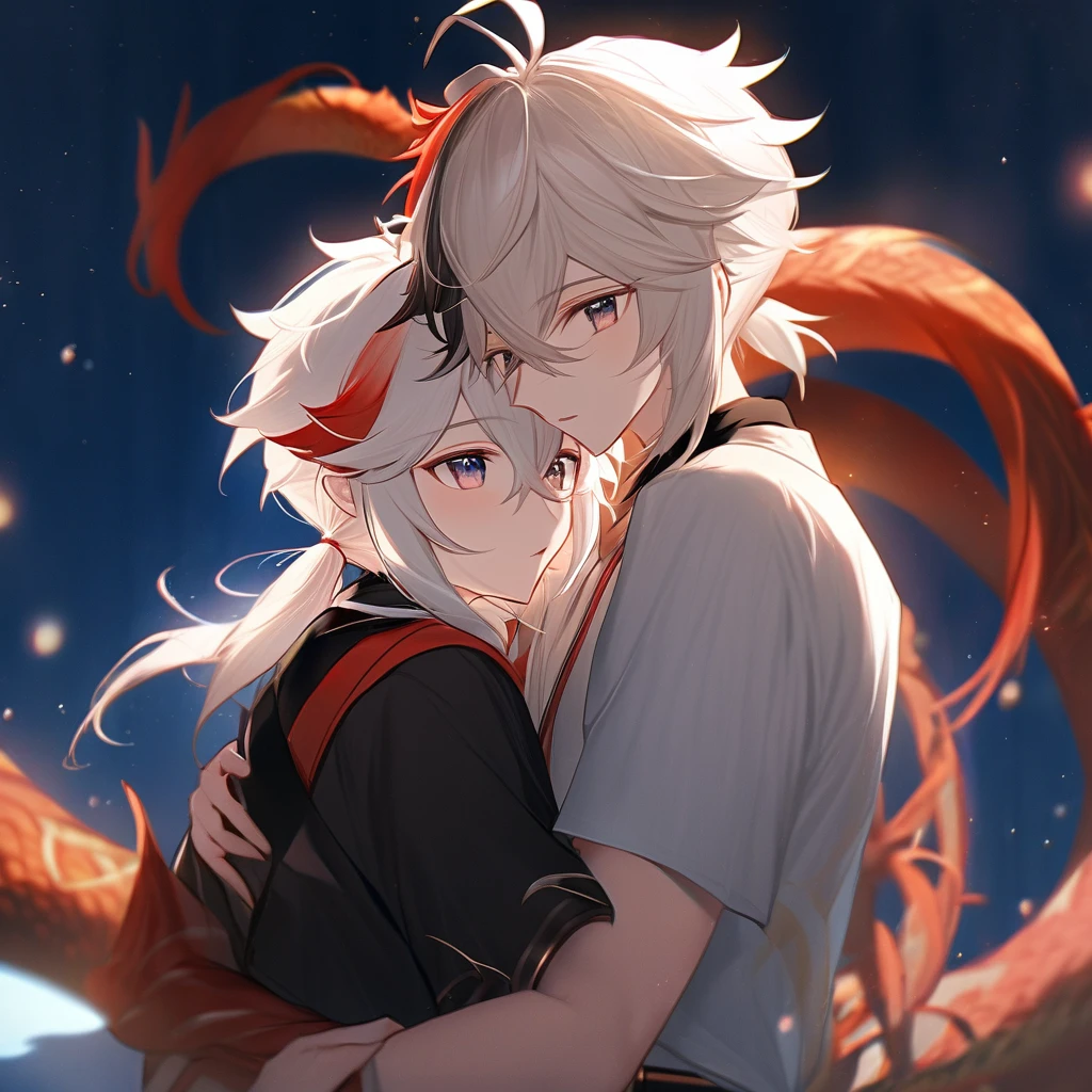 Kazuha (Genshin Impacto) Gay boyfriend Chinese Dragon Boy White Hair Sapphire Eyes, hugging, romantic, fluffly, ultra quality, 8K, 2 boys, beautiful.