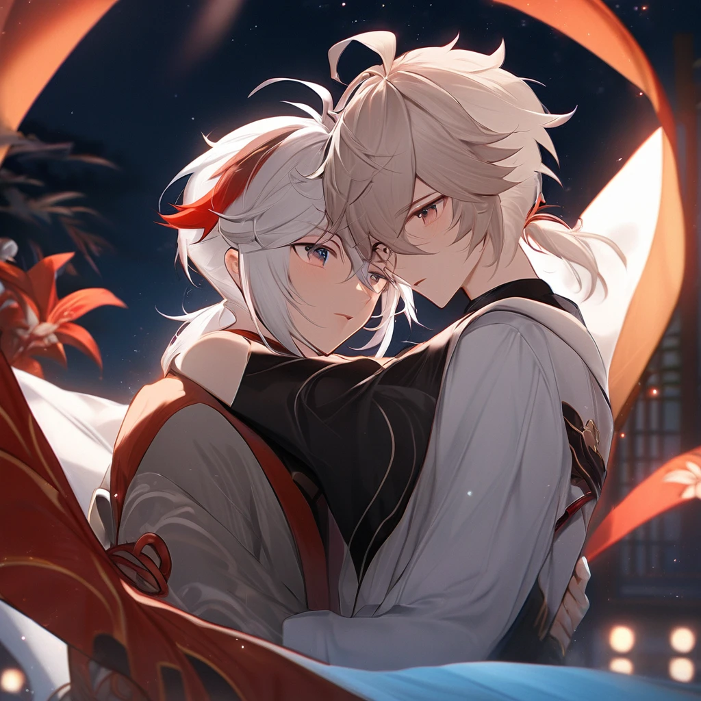 Kazuha (Genshin Impacto) Gay boyfriend Chinese Dragon Boy White Hair Sapphire Eyes, hugging, romantic, fluffly, ultra quality, 8K, 2 boys, beautiful.