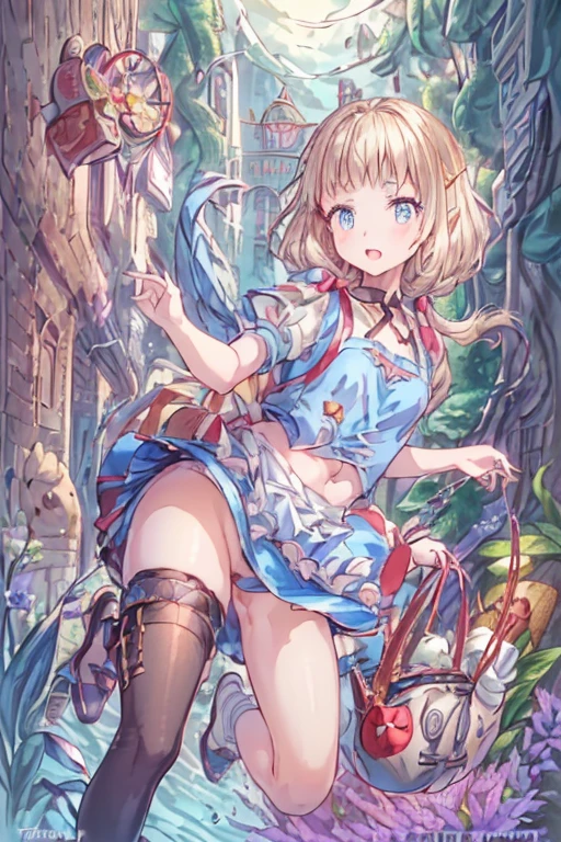 (perky chest:1.2), (pointed chest:1.2),(((Black Tunic:1.3))),(((cakes and bread in the basket),Cute and beautiful girl,Cute round face,Cute smile,with blush cheeks,Red Lip,a girl , nsfw:1.2, beautiful body:1.3), shinny skin, BREAK, ((alice in the wonderland:1.3, cute, kawaii, lovely, funny, a girl falling down from sky:1.3, girl flying in sky:1.4, girl floating in air:1.5, rolling upskirt by wind:1.6, (with sparkling eyes and a contagious smile),open mouth, Looking at Viewer, surprised, putting hands on crotch over the skirts:1.6)), BREAK, ((floating things as follows:1.3, PlayingCards, Trump, tea cup, tea pot, tea spoons, pocket watch:1.3, lip sticks, candies:1.2, cookies, jam bottles, classical door_keys)), ((long purply_Blue dress :1.5, wearing long flaired skirt:1.3, the skirt is blowing:1.3, cute pink Apron, black stocking:1.2,garter stocking, cleavage:1.2, midriff, black shorts, black thighhighs, thigh strap, medium long platinum-blonde hair:1.2, twin tail hair:1.6, tied hair with a large ribbon), (Blue eyes, bright pupils with highlights, detailed eyes), (lying down on your back:0.7, spreading legs with rising up straight:0.7), sexy posture, fantastic colorful art, (fantasy art:1.2, wondered images:1.2), ((correct anatomy:1.5, perfect anatomy:1.3, correct hand, small foot:1.2)),