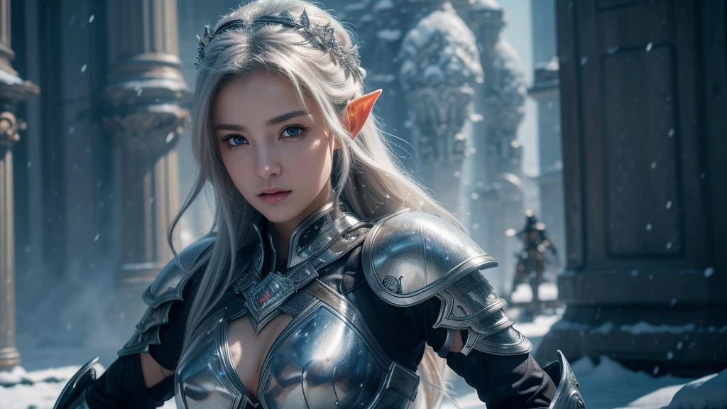 Close-up of woman holding sword and armor, Armor Girl, 2. 5D CGI anime fantasy artwork, Large Breasts,Epic fantasy digital art style, detailed Digital 2D fantasy art, Digital 2D fantasy art, original photo, (best quality:1.3), high resolution, (masterpiece), (lifelike:1.4), Professional photography, Clear focus, High Dynamic Range, 8k resolution, Intricate details, Fine details, Depth of Field, Extremely detailed CG unified 8k wallpaper, masterpiece,poster,best quality,Official Art,(Beauty and aesthetics:1.2),(masterpiece:1.3),Female Elf,individual,Light Leather Armor,complex pattern,snow,Cyberpunk style future city,Medium distance photography,(early morning),dramatic,Glowing Wings,