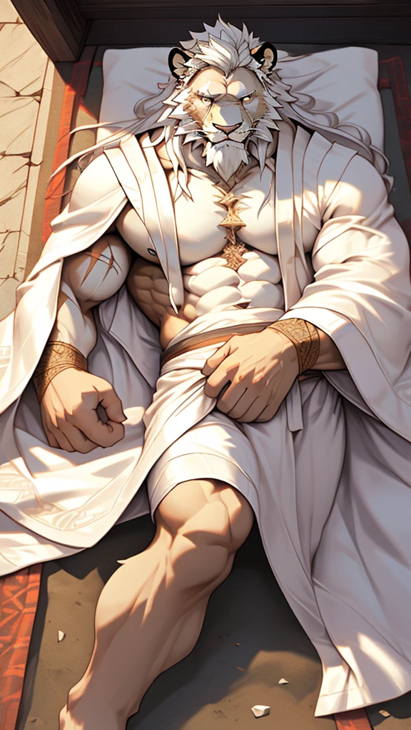 (masterpiece),(highres),(intricate details:1.4),extremely detailed,(illustration:1.2),8k,photorealistic,exquisite,solo, (Bold perspective),aged,elder male lion ,muscular, (Ancient Greek mythological style;1.8)(white robe:1.6),manhood,safeguard,(white hair:1.3),long hair,long white beard,scar,(badly damaged),(sacrifice),hurt,broken body ,(lying on the ground),(bulging crotch:1.8)