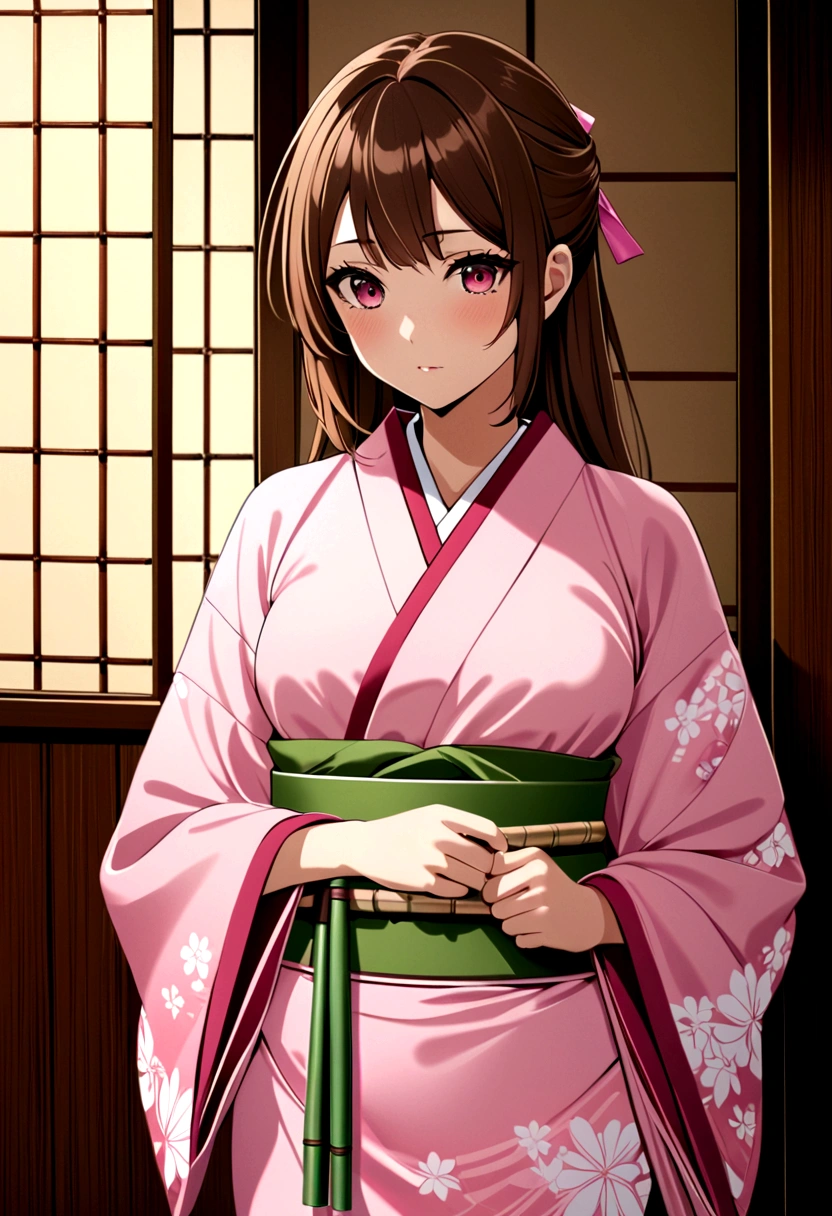 masterpiece, best quality, high resolution, Venus 1,1 Girl, Solitary, Tsuko Kamoto, bamboo, Brown hair, (((Pink Ribbon)) Check belt, gag, gag, Gradient hair, Feather, Japanese clothes, kimono, Long hair, Looking at the audience, Pink Eyes, pink kimono, Pink Ribbon, Solitary,