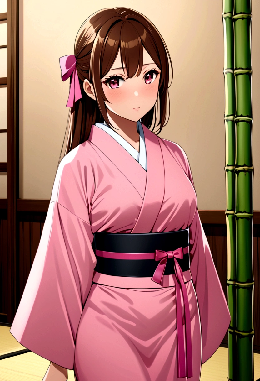 masterpiece, best quality, high resolution, Venus 1,1 Girl, Solitary, Tsuko Kamoto, bamboo, Brown hair, (((Pink Ribbon)) Check belt, gag, gag, Gradient hair, Feather, Japanese clothes, kimono, Long hair, Looking at the audience, Pink Eyes, pink kimono, Pink Ribbon, Solitary,