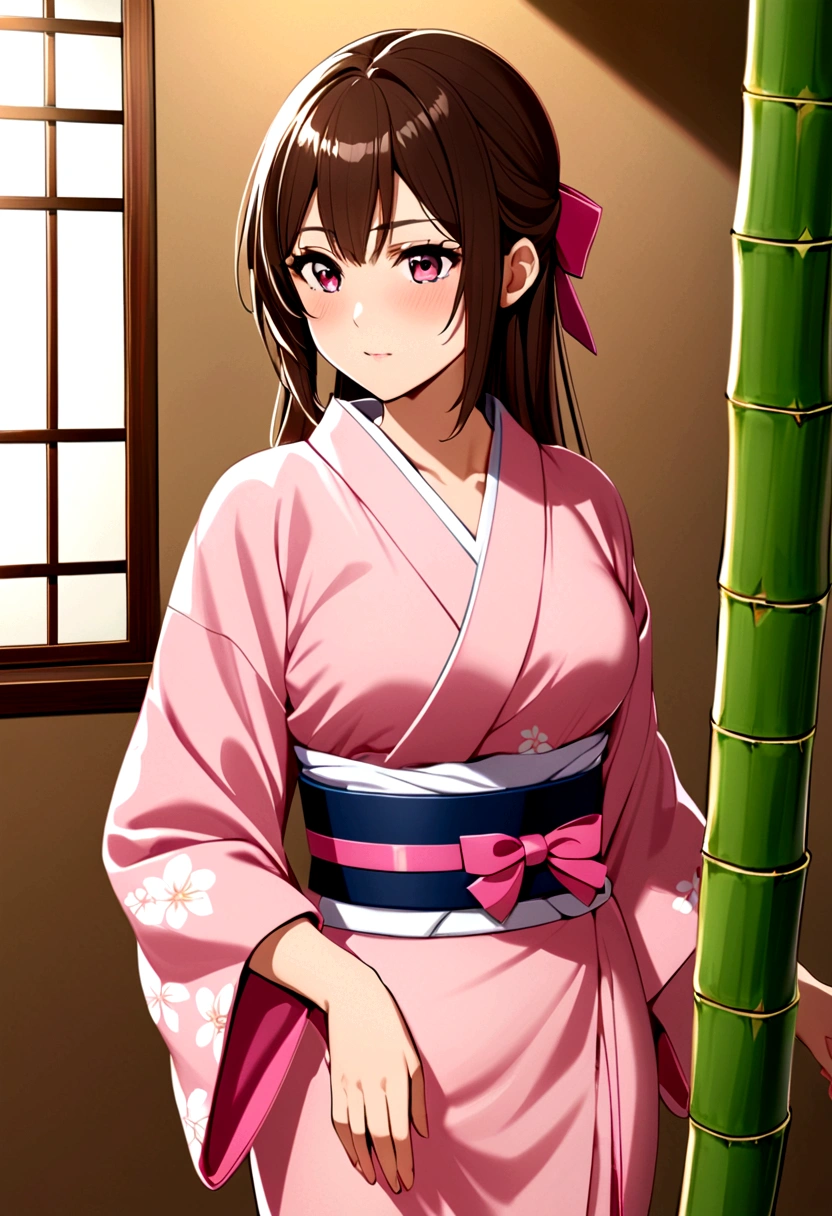 masterpiece, best quality, high resolution, Venus 1,1 Girl, Solitary, Tsuko Kamoto, bamboo, Brown hair, (((Pink Ribbon)) Check belt, gag, gag, Gradient hair, Feather, Japanese clothes, kimono, Long hair, Looking at the audience, Pink Eyes, pink kimono, Pink Ribbon, Solitary,