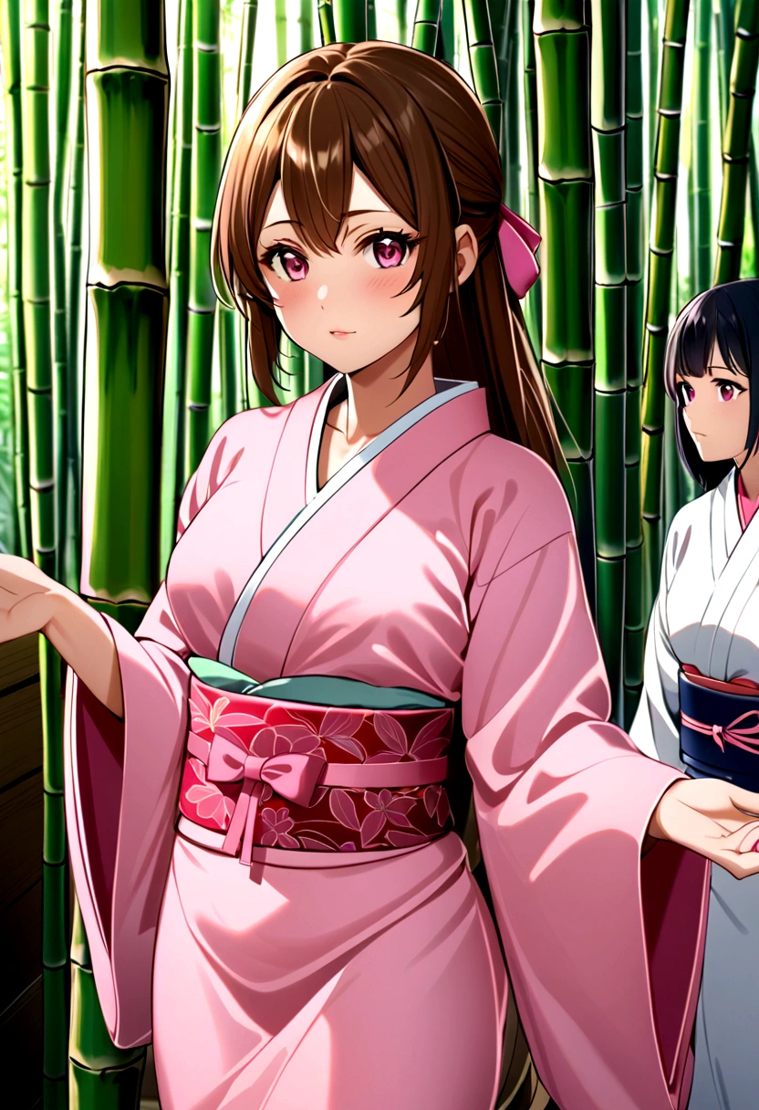 masterpiece, best quality, high resolution, Venus 1,1 Girl, Solitary, Tsuko Kamoto, bamboo, Brown hair, (((Pink Ribbon)) Check belt, gag, gag, Gradient hair, Feather, Japanese clothes, kimono, Long hair, Looking at the audience, Pink Eyes, pink kimono, Pink Ribbon, Solitary,