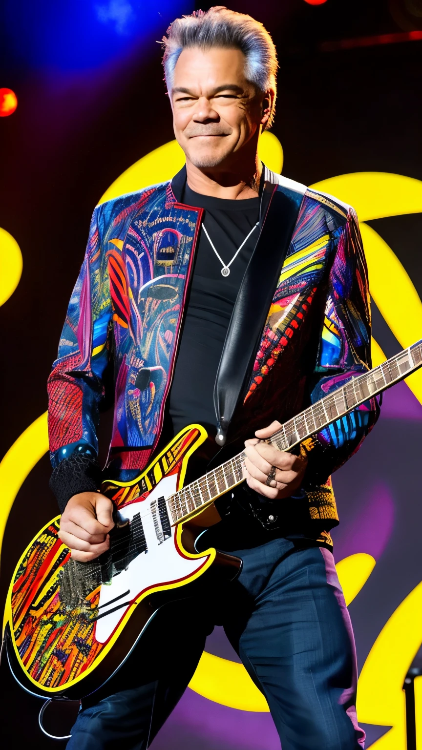 eddie Van halen, ON STAGE PLAYING ELETRIC GUITAR, STAND FULL BODY,MULTI COLOR JACKET,WHYTE PENTS