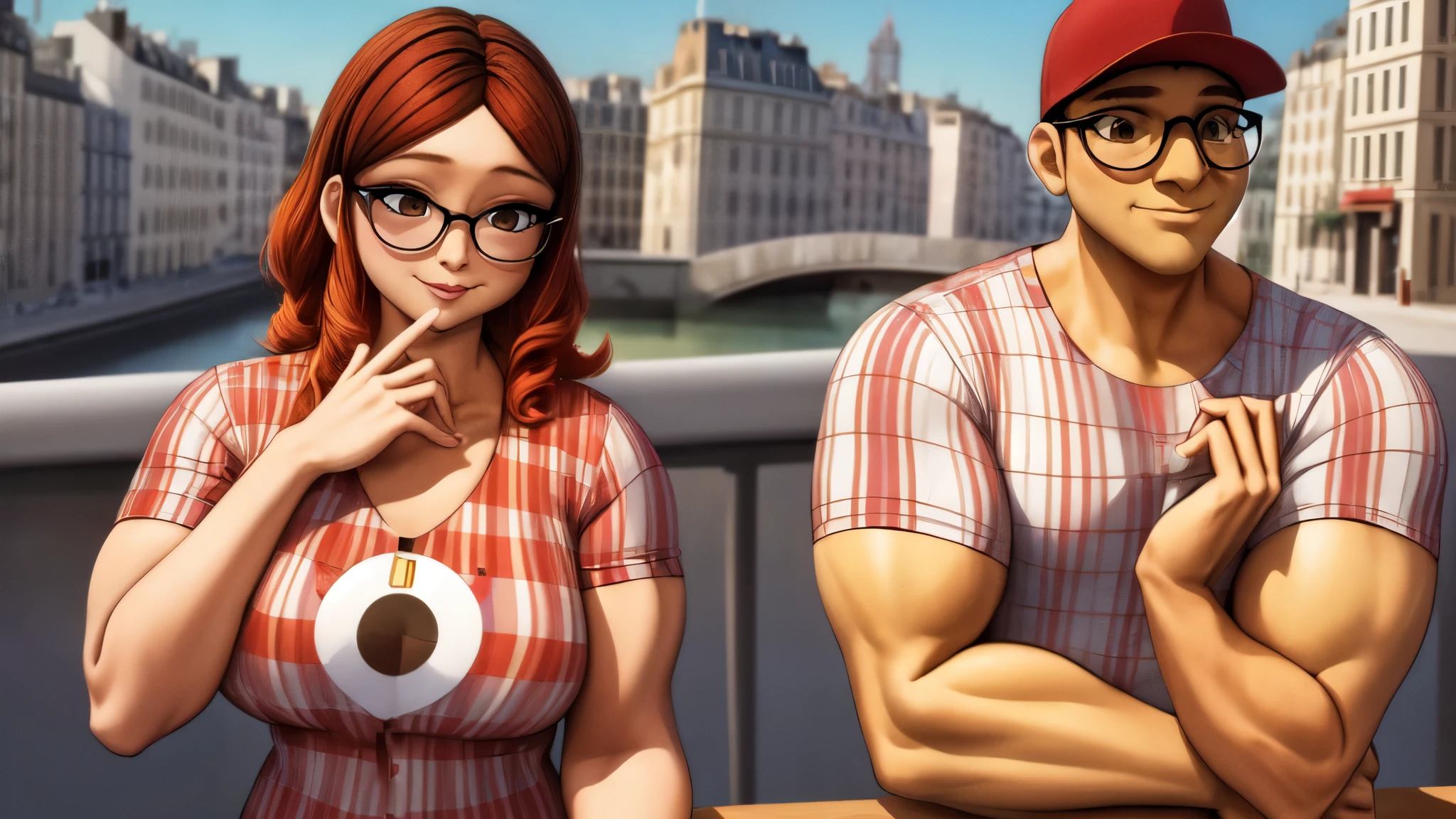 (masterpiece, best quality:1.2), a very muscular and athletic couple , boy Nino Lahiffe: Brown skin, dark hair, wearing a red cap, glasses, and casual clothing like a T-shirt and jeans, and a girl Alya Césaire: Brown skin, curly dark brown hair, often wears glasses, and typically seen in stylish, casual outfits. A casual day out with both characters in their everyday attire,Sharing a tender moment, like sitting on a rooftop overlooking Paris..(girl and boy:1), smiling, ((high resolution illustration)), ((extremely detailed)) Alya and Nino, muscular detailed bodies, powerful and dynamic poses, intimate embrace, romantic lovers, expressive faces with beautiful eyes, lips and skin, dramatic lighting, cinematic composition, epic fantasy landscape background, warm color tones, dramatic lighting, (best quality,4k,8k,highres,masterpiece:1.2),ultra-detailed,(realistic,photorealistic,photo-realistic:1.37),dramatic lighting,dramatic cinematic composition,fantasy landscape