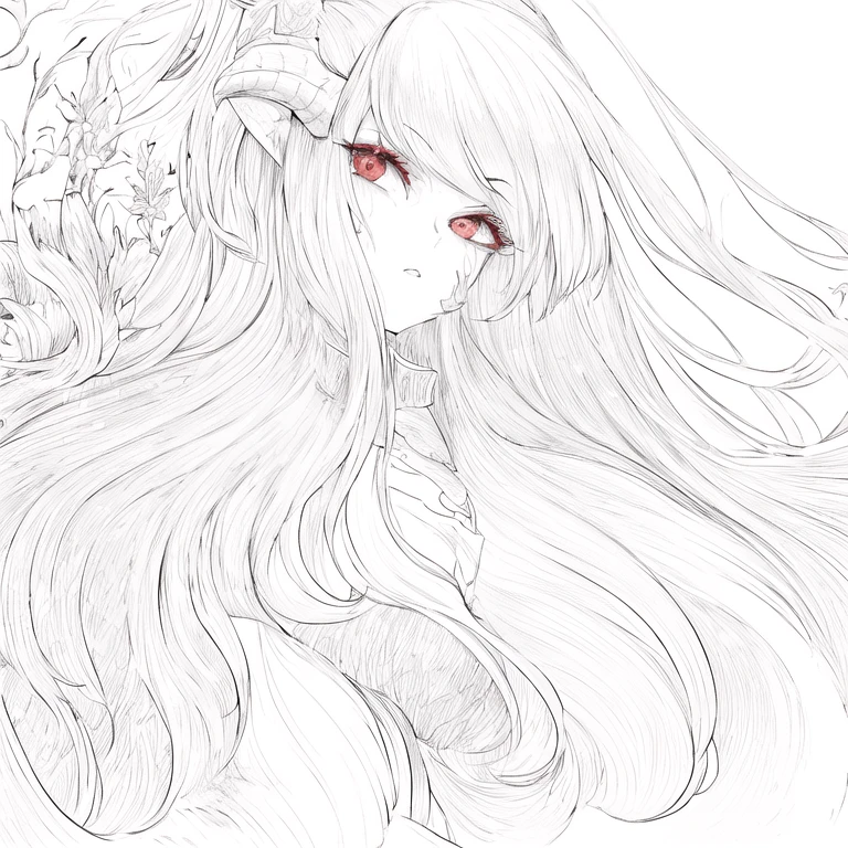 1 girl, 29 years old, long hair, two dragon horns, red hair, red eyes, gradient, red aura, dragon armor, 2d, masterpiece, best quality, anime, highly detailed face, white background, perfect lighting, looking at viewver, portrait, dragonborn, beast lines face,