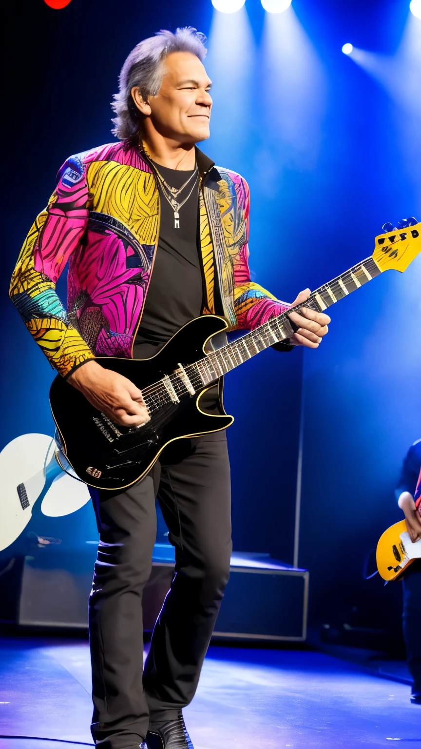 eddie Van halen, ON STAGE PLAYING ELETRIC GUITAR, STAND FULL BODY,MULTI COLOR JACKET,WHYTE PENTS