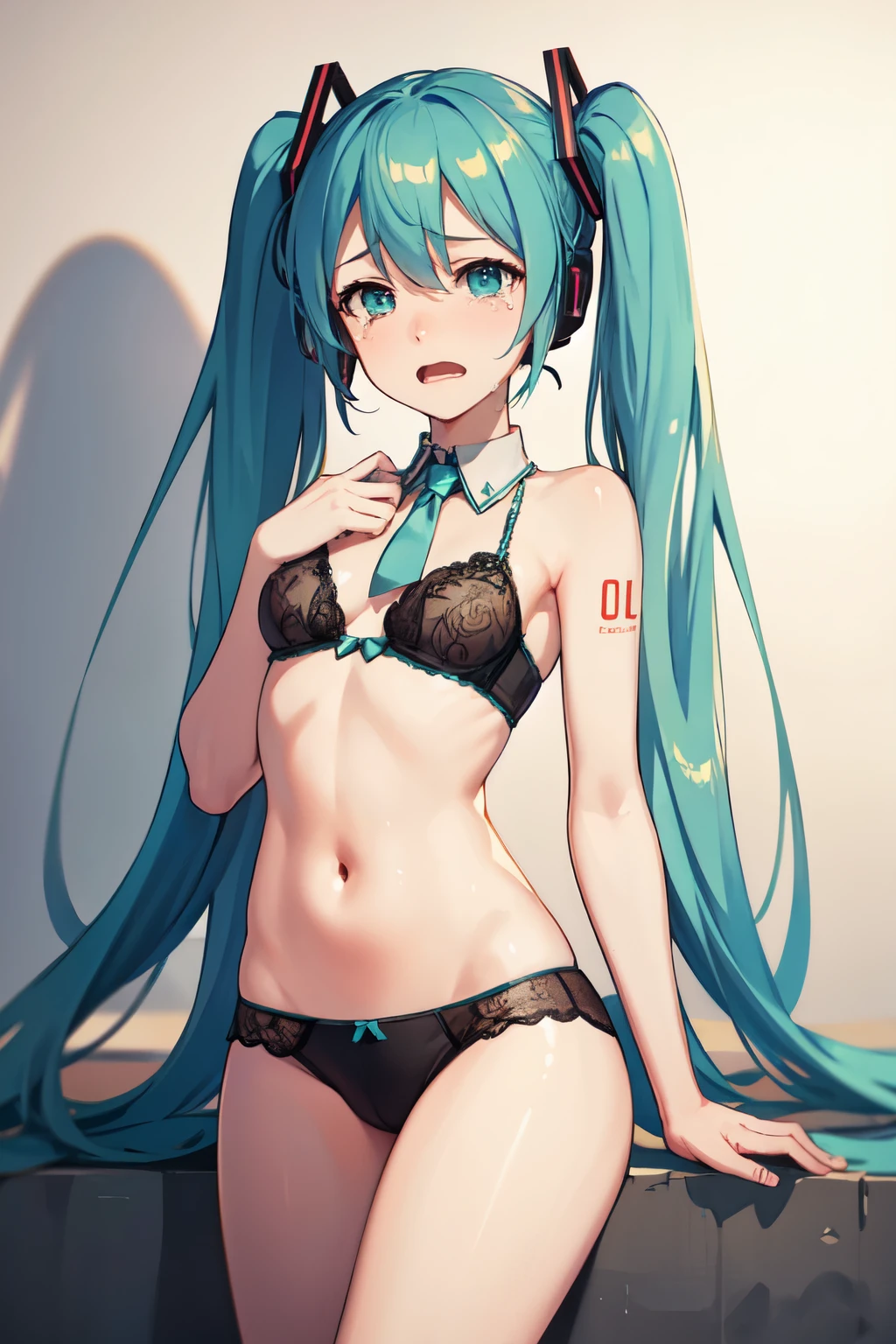 ((Highest quality)), ((masterpiece)), (detailed), Hatsune Miku, In underwear, Crying face