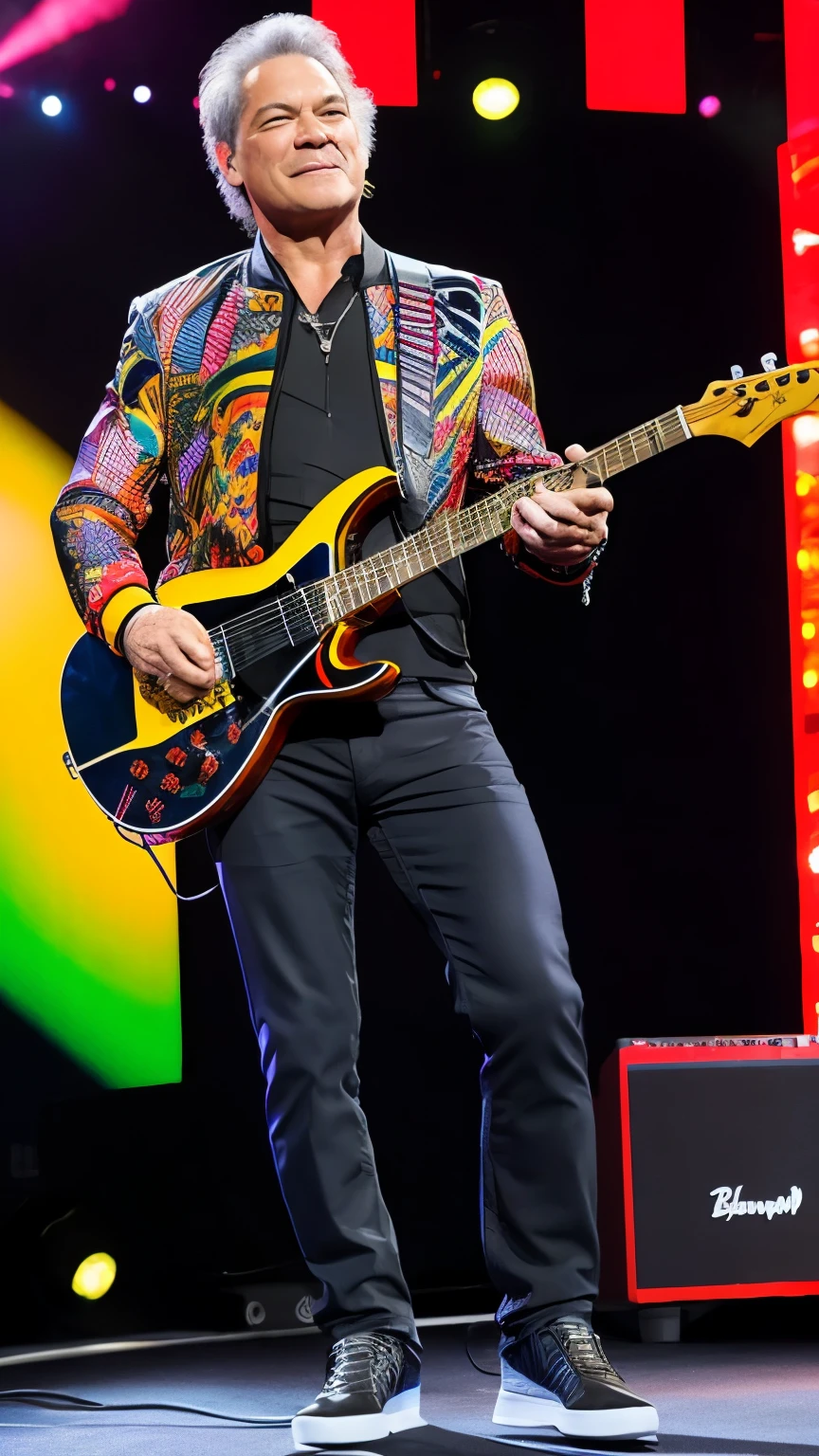 eddie Van halen, ON STAGE PLAYING ELETRIC GUITAR, STAND FULL BODY,MULTI COLOR JACKET,WHYTE PENTS