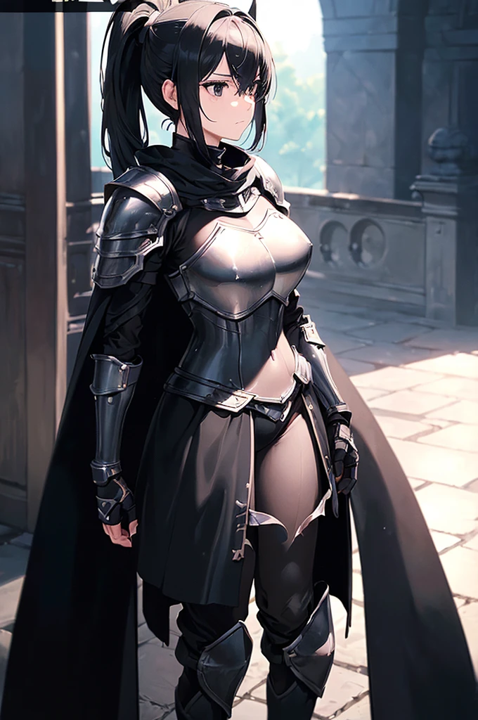(masterpiece; best quality: 1.2), ((full armored knight woman)), ((solo)), (black eyes: 1.4), (body; toned, lithe, femenine: 1.3), (beautiful and clear background: 1.2), ((depth of field)), (equipment: full plate all-dark black-black realistic armor + closed helmet with ponytail + black cape: 1.3), (anime illustration: 1.2), (background composition; garden exterior + furniture: 1.1), (extremely fine and beautiful: 1.1), (shot composition; standing + centered on torso + close-up: 1.5)